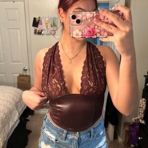 Fashion Nova Lace and Leather Bodysuit - Burgundy